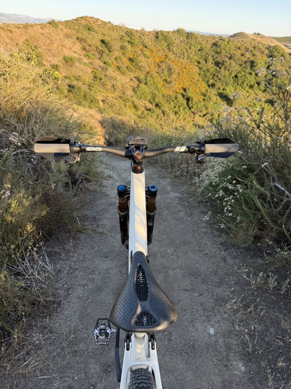 Rider point of view over the handlebars on narrow singletrack